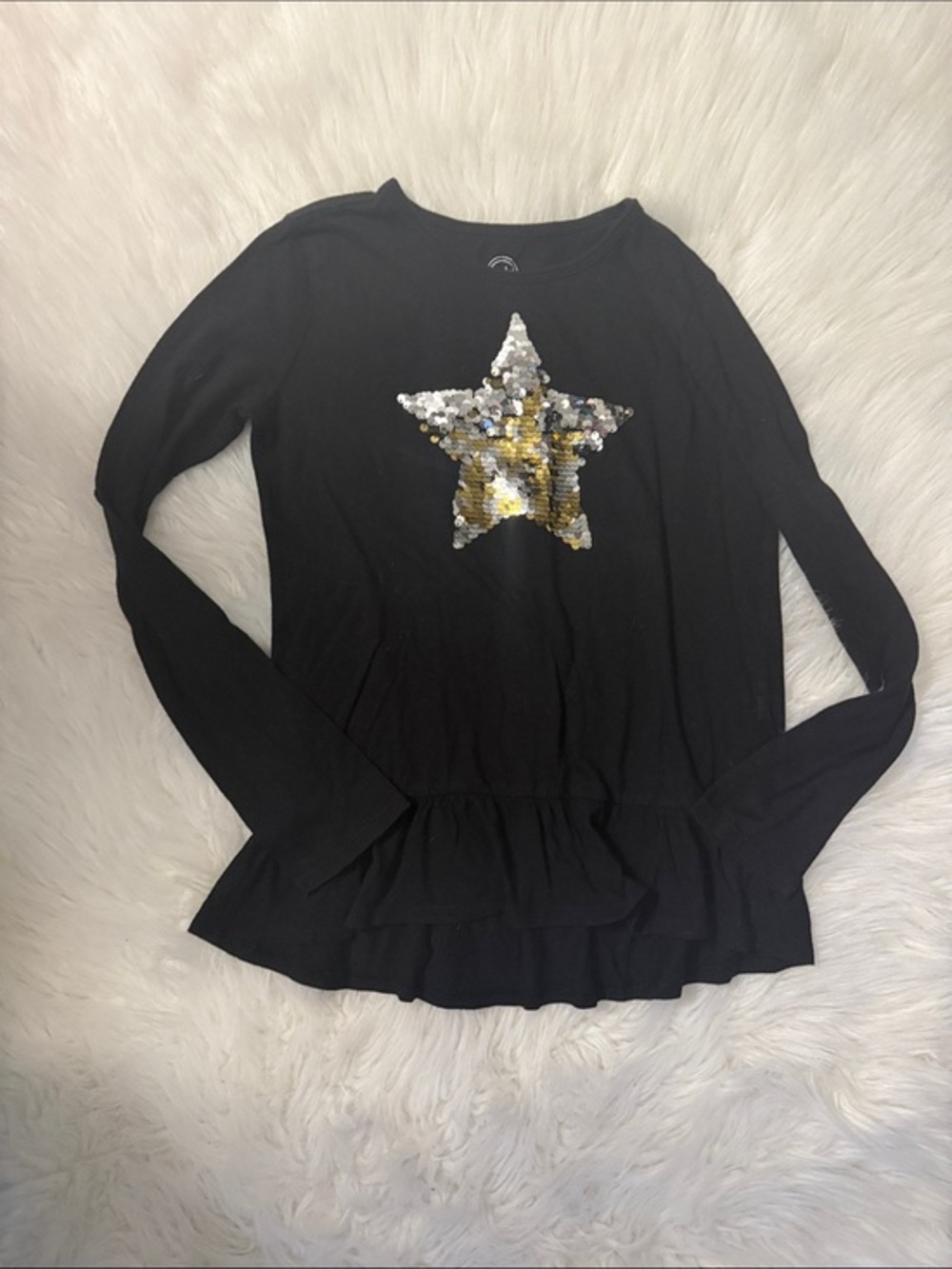wonder nation Black Long-Sleeve Top with Silver and Gold Sequin Star